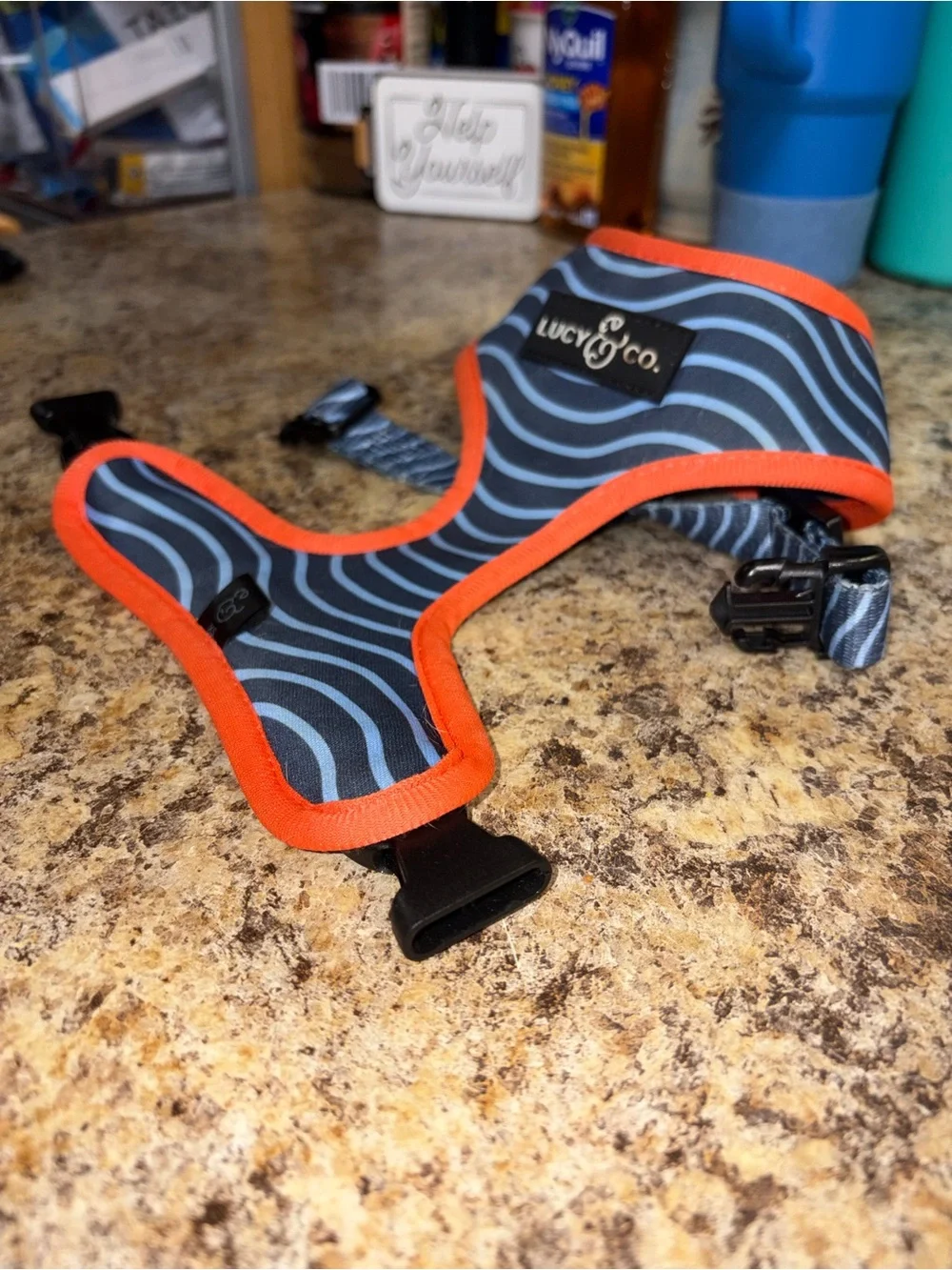 Reversible Ocean-Print Dog Harness with Navy stripes with Orange Trim
